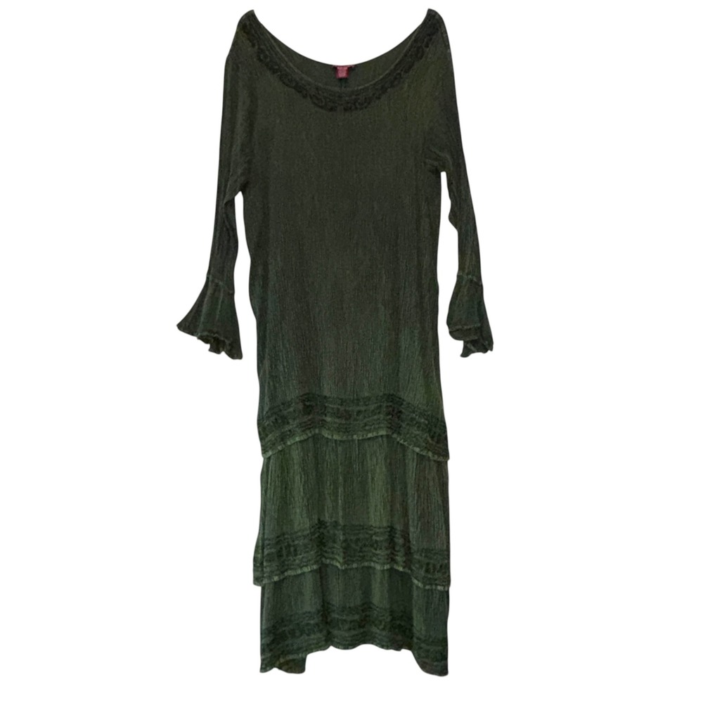 Braja Maxi Dress Womens Plus Embroidered Crinkle Tiered Boho Fairy Green 1X